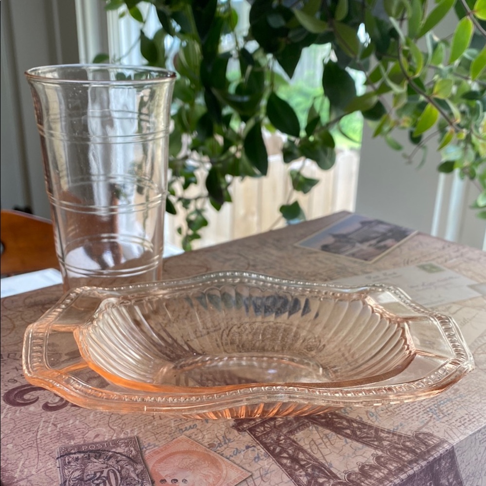 Elegant Glass and Soap Dish Pink Depression Glass